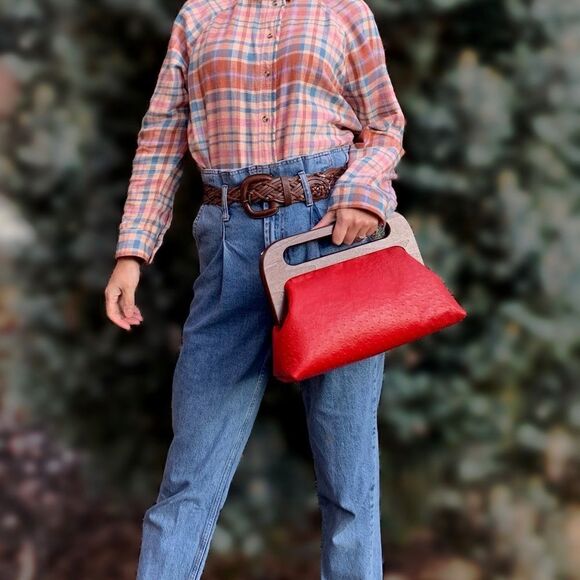 Vintage Style Handmade Genuine Embossed Leather Large Wooden Frame Bag/Crossbody - Picture 2 of 16